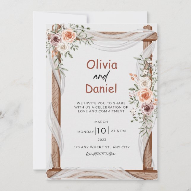 Convites Casamento Floral Russo Branco Castanho (Frente)