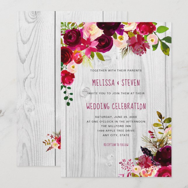 Convites Casamento floral russo de burlu + madeira branca (Frente/Verso)