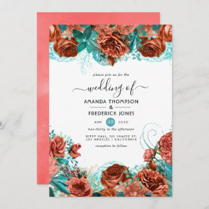 Convites Casamento Floral Russo de Coral Turquesa e Vivo