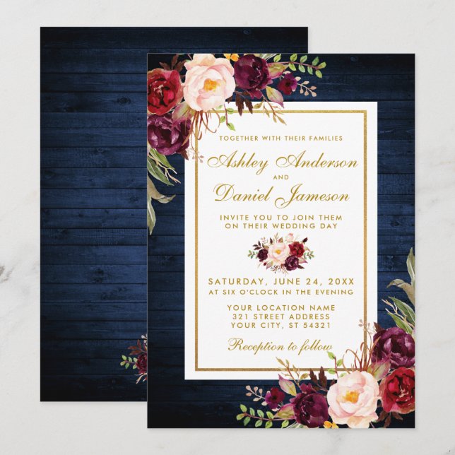 Convites Casamento Floral Russo De Madeira Azul Borgonha (Frente/Verso)