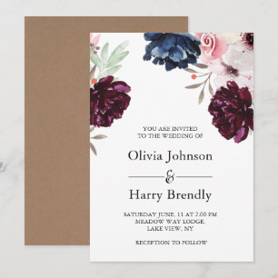 Convites Casamento Floral Russo Kraft Burgundy