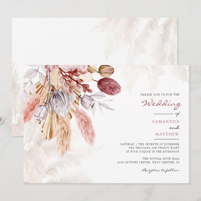 Convites Casamento Floral Russo Pampas Grass Tan (Frente/Verso)
