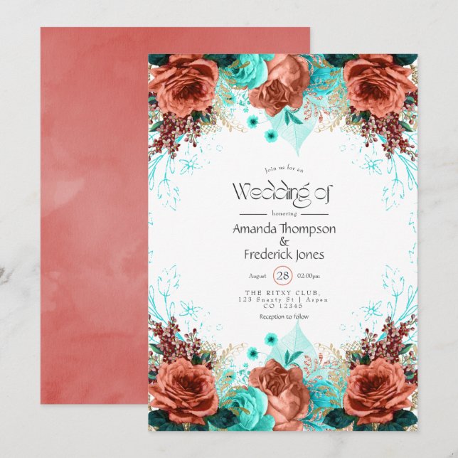 Convites Casamento Floral Russo-Turquesa e Coral (Frente/Verso)