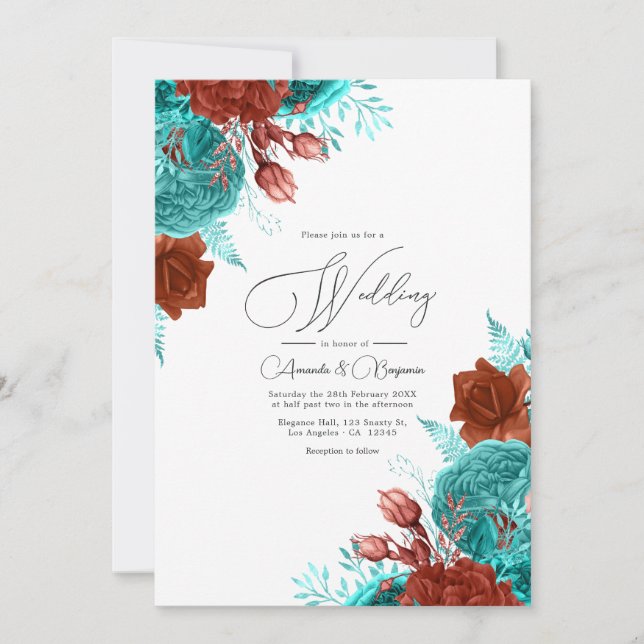 Convites Casamento Floral Russo-Turquesa e Coral (Frente)