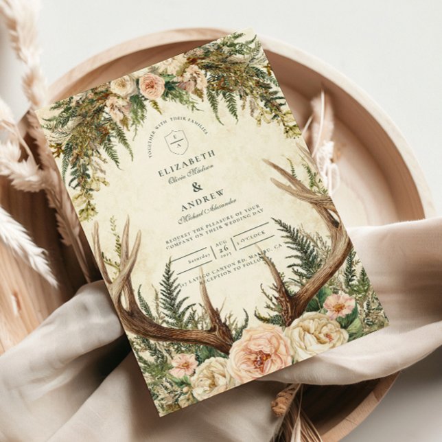 Convites Casamento Floral Rustic Antler Woodland (Criador carregado)