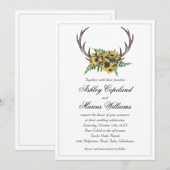 Convites Casamento Floral Rustic Antlers Boho Sunflower (Frente/Verso)
