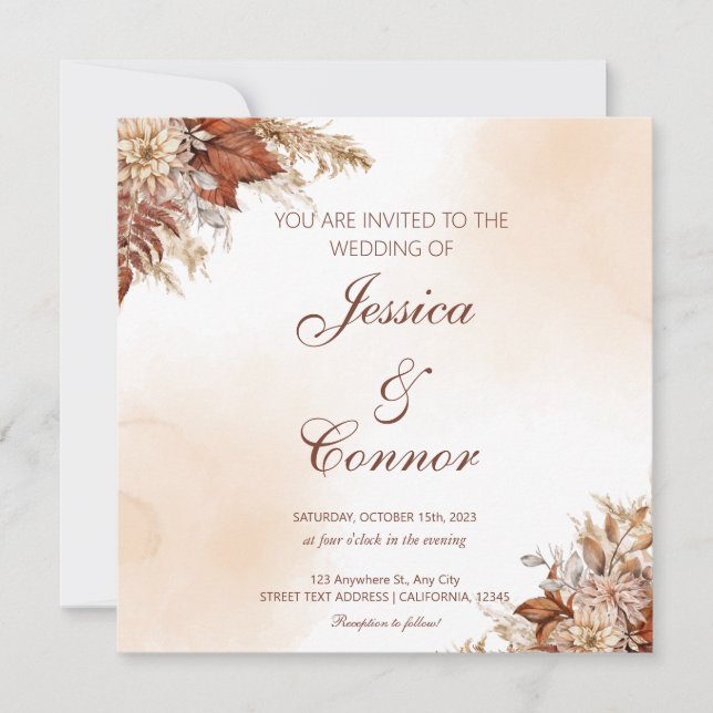 Convites Casamento Floral Rustic Autumn Watercolor (Frente)