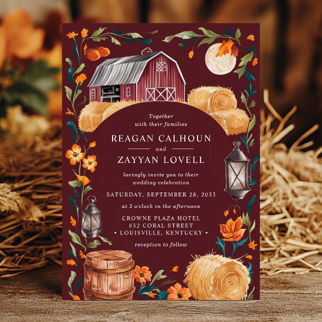 Convites Casamento Floral Rustic Barn Burgundy Autumn Lante (Criador carregado)