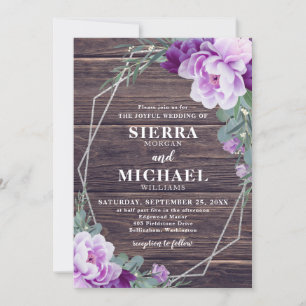 Convites Casamento Floral Rustic Barnwood Silver & Purple