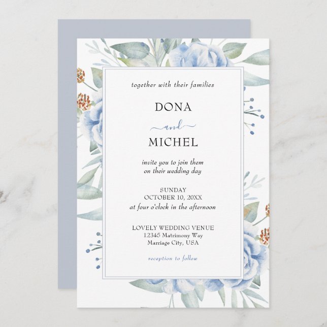 Convites Casamento Floral Rustic Blue Winter (Frente/Verso)