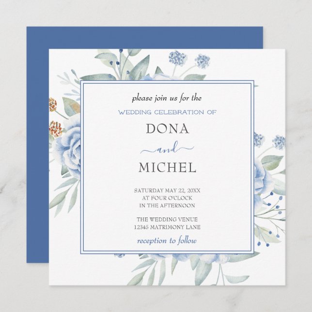 Convites Casamento Floral Rustic Blue Winter (Frente/Verso)