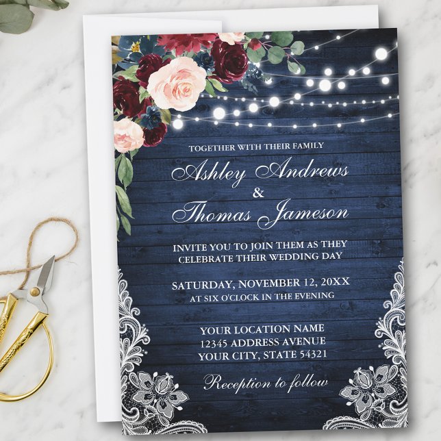 Convites Casamento Floral Rustic Blue Wood Burgundy Blue (Customize to add more text or photos to back of card.)