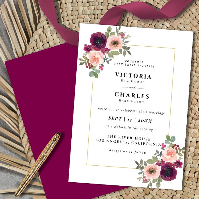 Convites Casamento Floral Rustic Blush & Burgundy Watercolo (Rustic Blush & Burgundy Watercolor Floral Wedding Invitation)