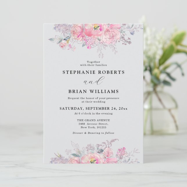 Convites Casamento Floral Rustic Blush Pink Watercolor (Em pé/Frente)