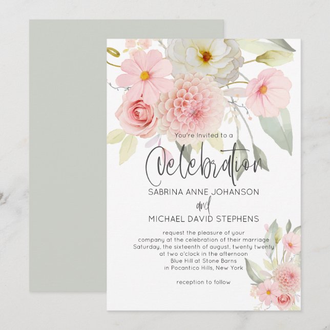 Convites Casamento Floral Rustic Blush Pink Watercolor (Frente/Verso)