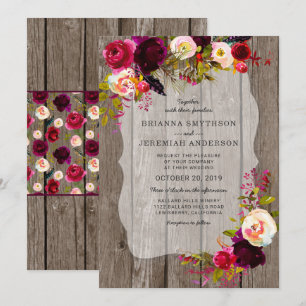 Convites Casamento floral Rustic Boho Barn Wood Burgundy