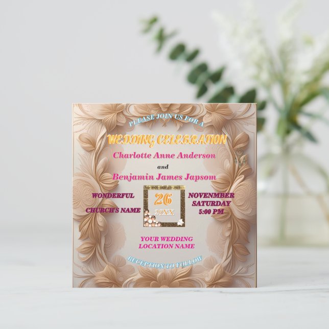 Convites Casamento Floral Rustic Boho Ouro Glitter (Em pé/Frente)