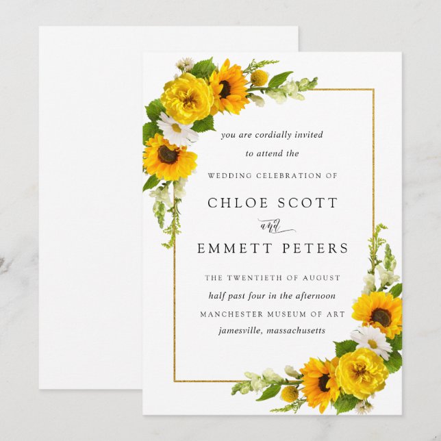 Convites Casamento Floral Rustic Boho Sunflower Yellow Summ (Frente/Verso)
