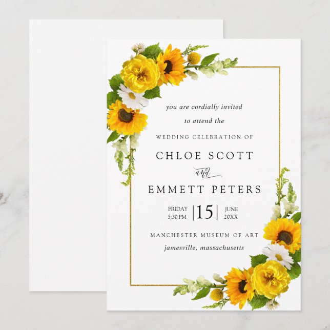 Convites Casamento Floral Rustic Boho Sunflower Yellow Summ (Frente/Verso)