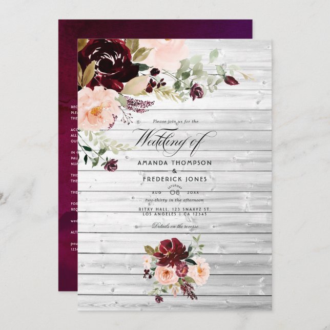 Convites Casamento Floral Rustic Burgundy Berry e Blush (Frente/Verso)