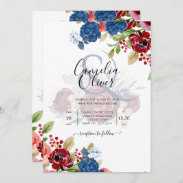 Convites Casamento Floral Rustic Burgundy Blue