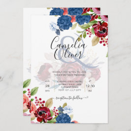 Convites Casamento Floral Rustic Burgundy Blue