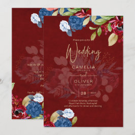 Convites Casamento Floral Rustic Burgundy Blue