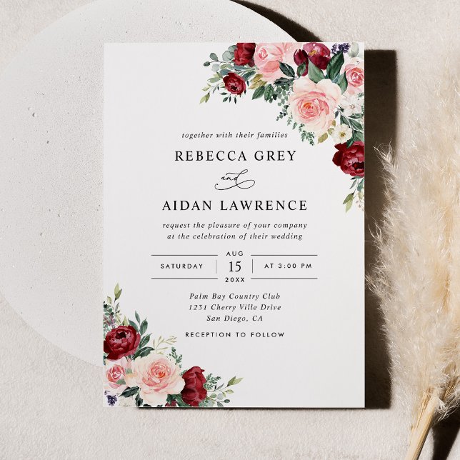 Convites Casamento Floral Rustic Burgundy Blush (Criador carregado)