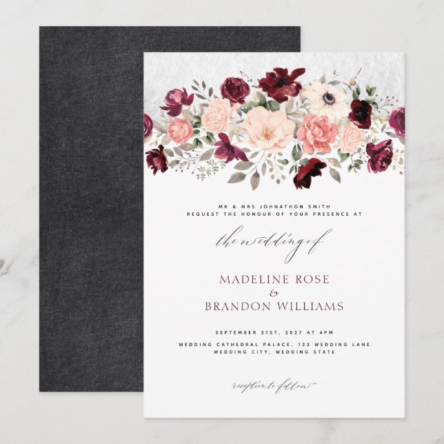 Convites Casamento Floral Rustic Burgundy Blush (Frente/Verso)