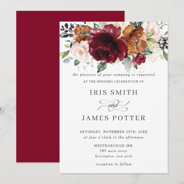 Convites Casamento Floral Rustic Burgundy Burnt Orange Blus (Frente/Verso)