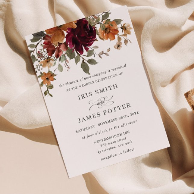 Convites Casamento Floral Rustic Burgundy Burnt Orange Rust (rustic burgundy rust burnt orange floral fall autumn wedding invitation cards printed digital file)