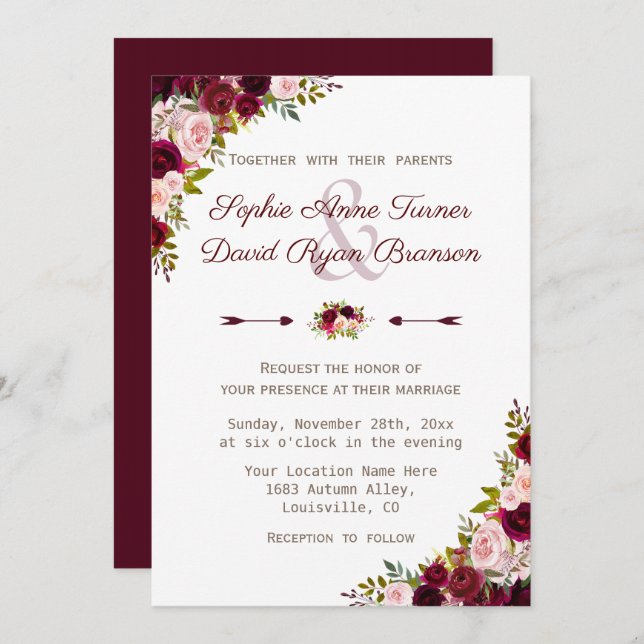 Convites Casamento Floral Rustic Burgundy Marsala (Frente/Verso)