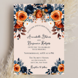 Convites Casamento Floral Rustic Burnt Orange and Blue