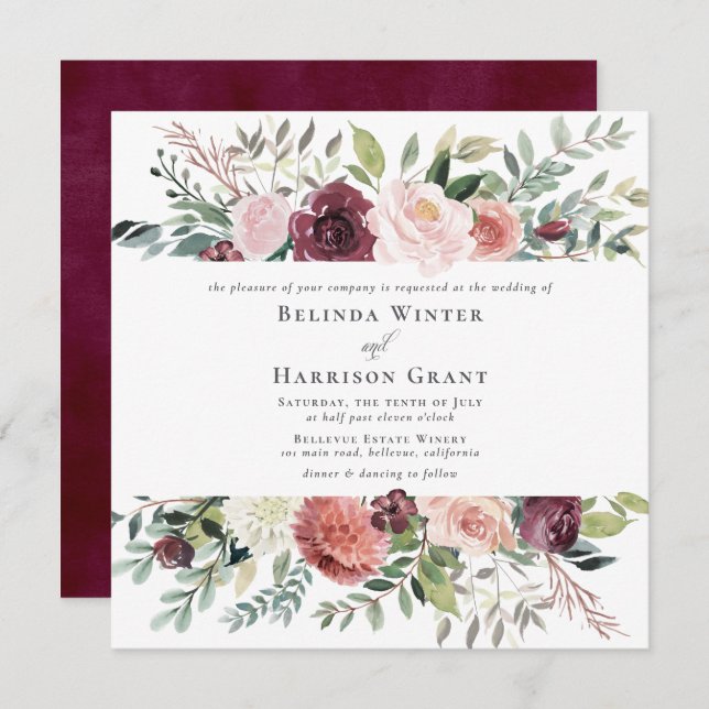 Convites Casamento Floral Rustic Charm Burgundy Blush SQ Ro (Frente/Verso)