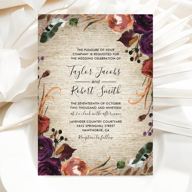 Convites Casamento Floral Rustic Chateau Butterum & Plum (Criador carregado)