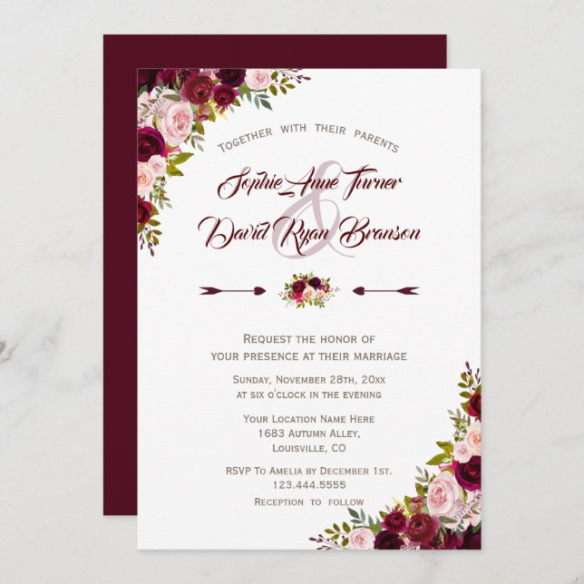 Convites Casamento Floral Rustic Country Burgundy Marsala (Frente/Verso)