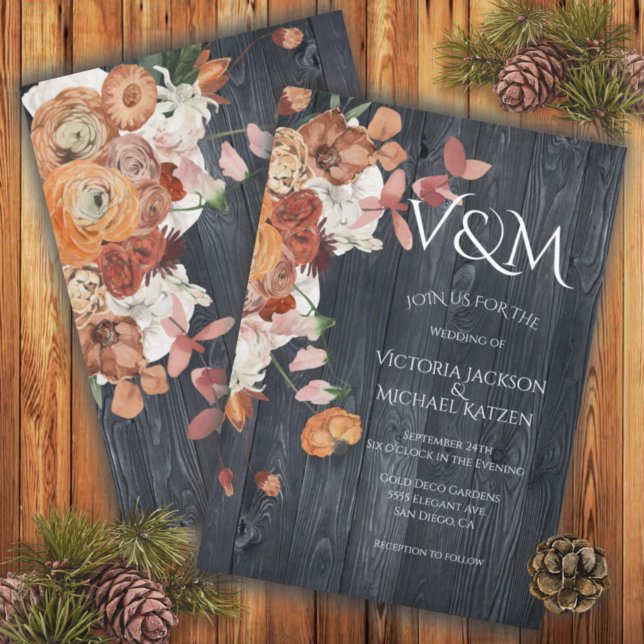 Convites Casamento Floral Rustic Dark Wood Autumn (Criador carregado)