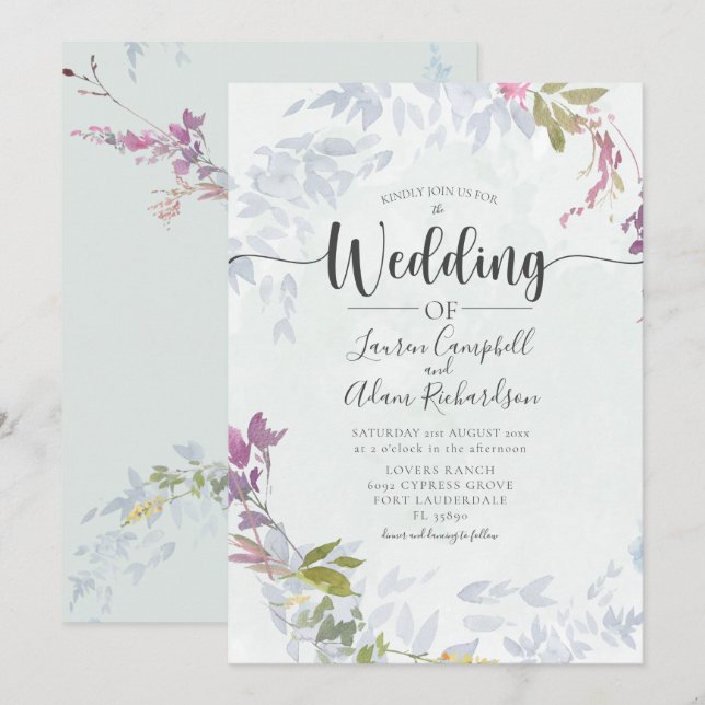 Convites Casamento Floral Rustic Dusty Blue Watercolor (Frente/Verso)