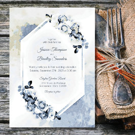 Convites Casamento Floral Rustic Dusty Blue Watercolor