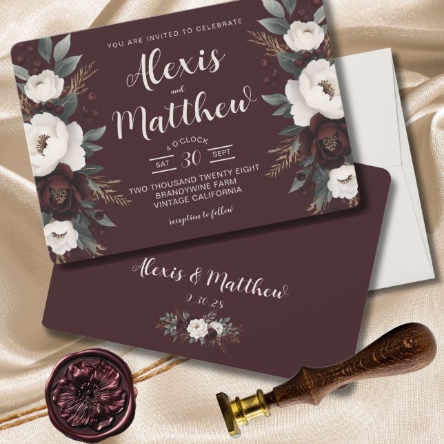 Convites Casamento Floral Rustic Elegance Burgundy (Boho Rustic Farmhouse Chic Modern Wedding Invitation)