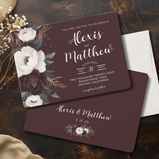 Convites Casamento Floral Rustic Elegance Burgundy (Rustic Elegance Burgundy Boho Wedding Invitation, Winter Wedding, Country Chic)