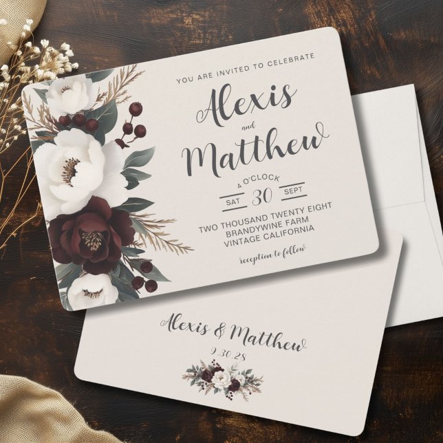 Convites Casamento Floral Rustic Elegance Burgundy (Rustic Elegance Wedding Invitation, Country Fall, Shabby Chic Burgundy and Mocha)