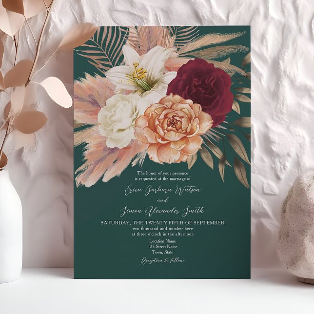 Convites Casamento Floral Rustic Emerald e Burgundy (Criador carregado)