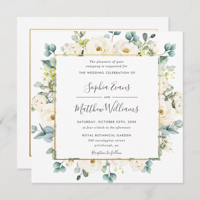 Convites Casamento Floral Rustic Eucalyptus Ivory White (Frente/Verso)