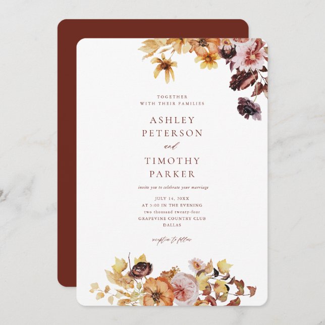 Convites Casamento Floral Rustic Fall Burgundy Boho (Frente/Verso)