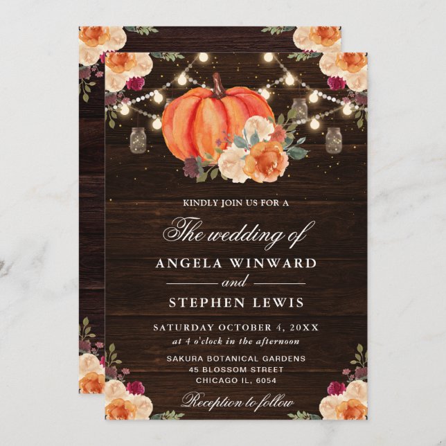 Convites Casamento Floral Rustic Fall Orange Pumpkins (Frente/Verso)
