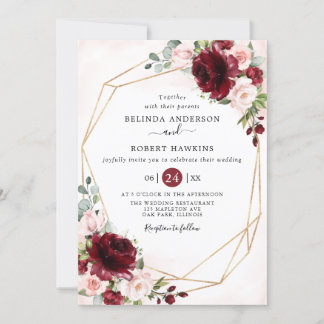 Convites Casamento Floral Rustic Geométrico Burgundy Blush