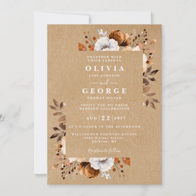 Convites Casamento Floral Rustic Kraft Autumn Fall (Frente)