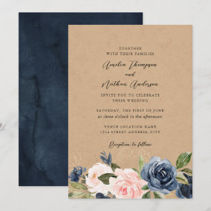 Convites Casamento Floral Rustic Kraft Azul Bebê