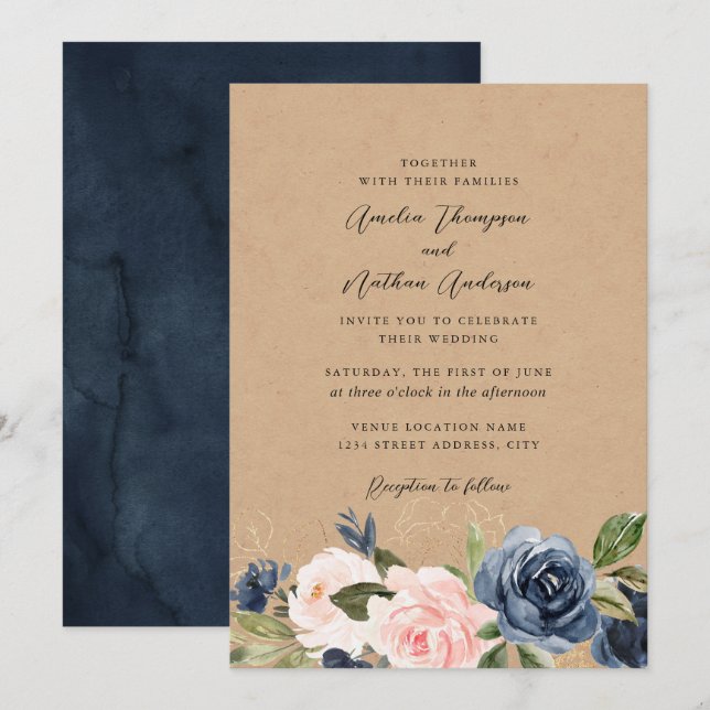 Convites Casamento Floral Rustic Kraft Azul Bebê (Frente/Verso)